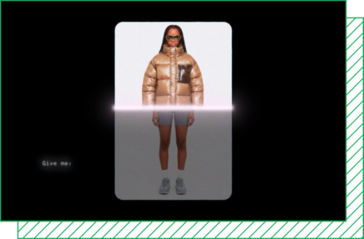 A woman’s outfit changes from basics to a brown puffer jacket and futuristic glasses.