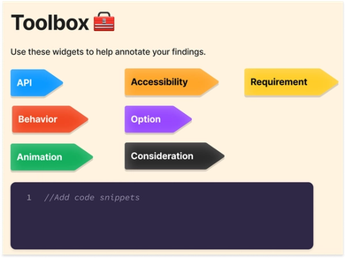 The image displays a selection of colorful labels: API, Accessibility, Requirement, Behavior, Option, Animation, and Consideration. A dark widget at the bottom suggests a space for adding code snippets.