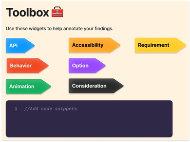 The image displays a selection of colorful labels: API, Accessibility, Requirement, Behavior, Option, Animation, and Consideration. A dark widget at the bottom suggests a space for adding code snippets. 