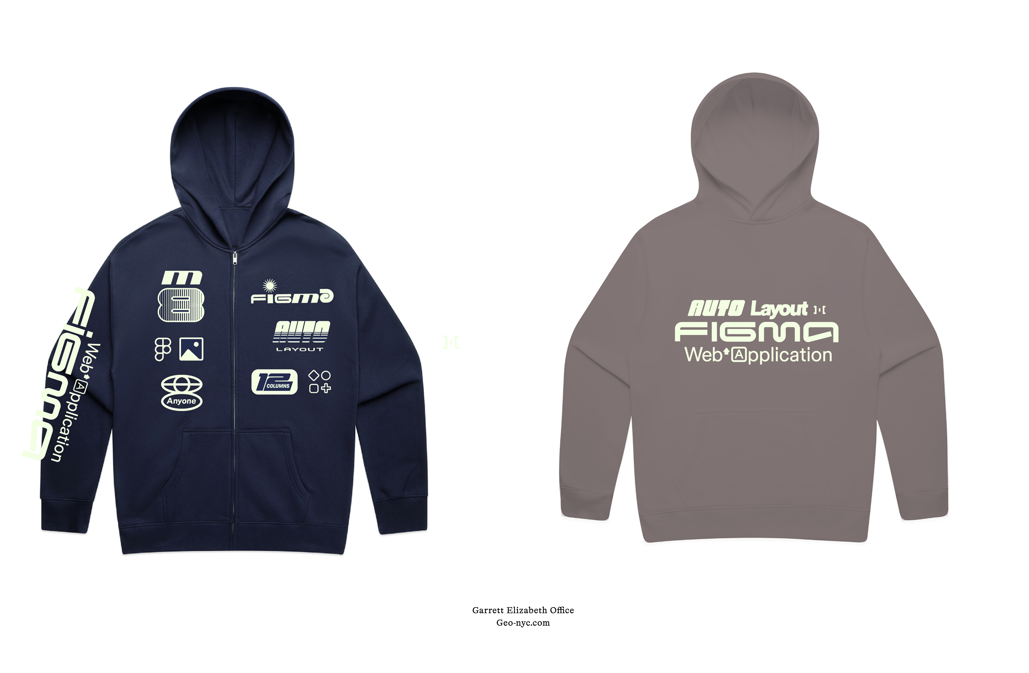 Two Figma hoodies displayed — navy with front icons and sleeve text, and gray with large “Auto Layout” text across back.