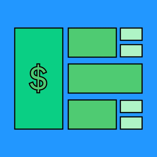 large green rectangle with a dollar sign on top next to smaller green rectangles