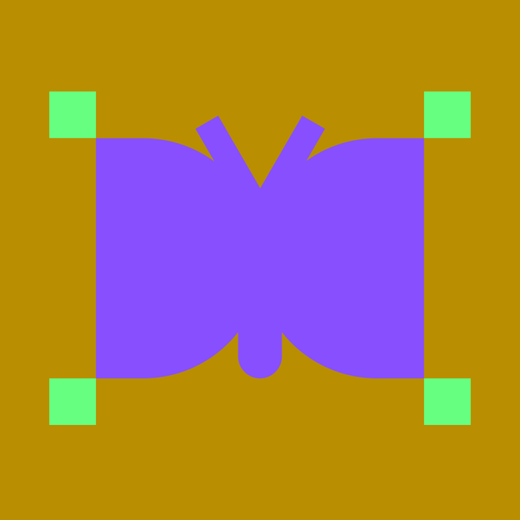 An abstract purple butterfly shape with geometric edges, centered on a mustard yellow background. The butterfly is bordered by four small green squares at each corner, adding a sense of balance to the design.