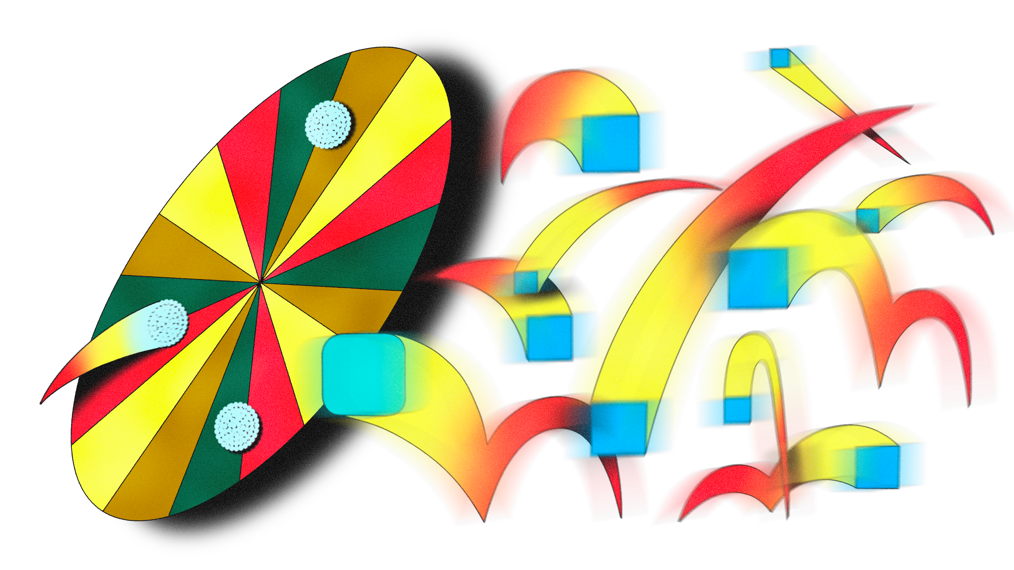 Abstract illustration with colorful geometric arcs and a striped butterfly-like shape, featuring bold gradients, blue cubes, soft glows, and dramatic shadows on a white background.