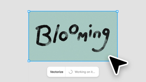 Hand-drawn word “Blooming” selected as a raster image on the Figma canvas, with the Vectorize action running, showing a “Working on it…” progress indicator.