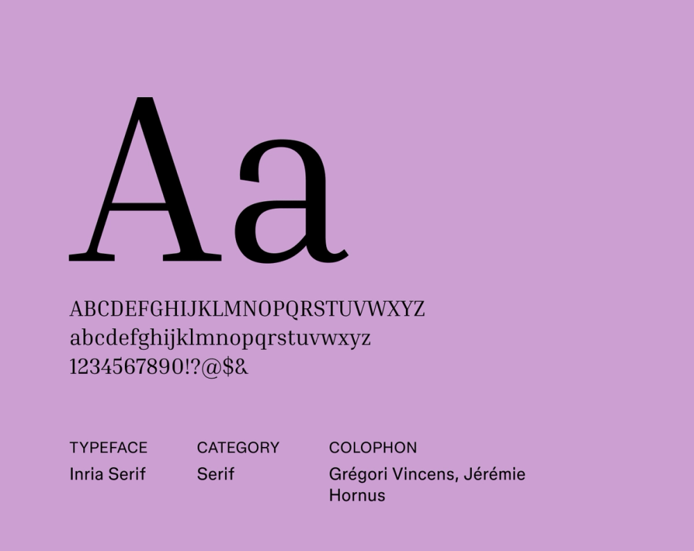 Inria Serif sample featuring softly rounded terminals, open counters, and a gentle calligraphic influence.