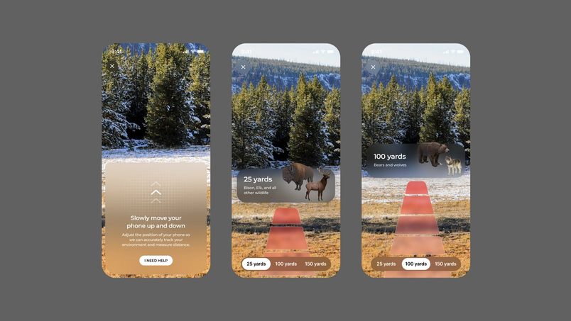 Examples of the AR distance finder showing how it measures 25 yards and 100 yards