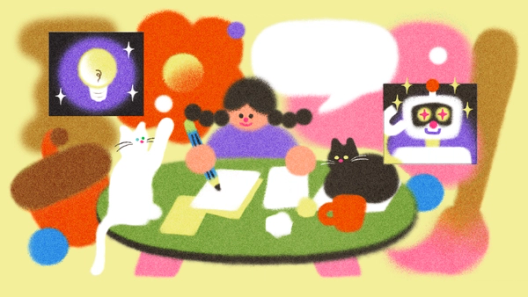 Une illustration colorée d'une personne avec des nattes, assise à une table verte, tenant un crayon et écrivant sur du papier, entourée d'une scène joyeuse. Un chat blanc avec une patte levée et un chat noir couché sont sur la table. À gauche, une image d'une ampoule allumée, et à droite, une illustration d'un robot aux yeux scintillants. Le fond est composé de formes dynamiques, dont des fleurs orange et des cercles aux couleurs pastel, créant une ambiance joyeuse et créative.