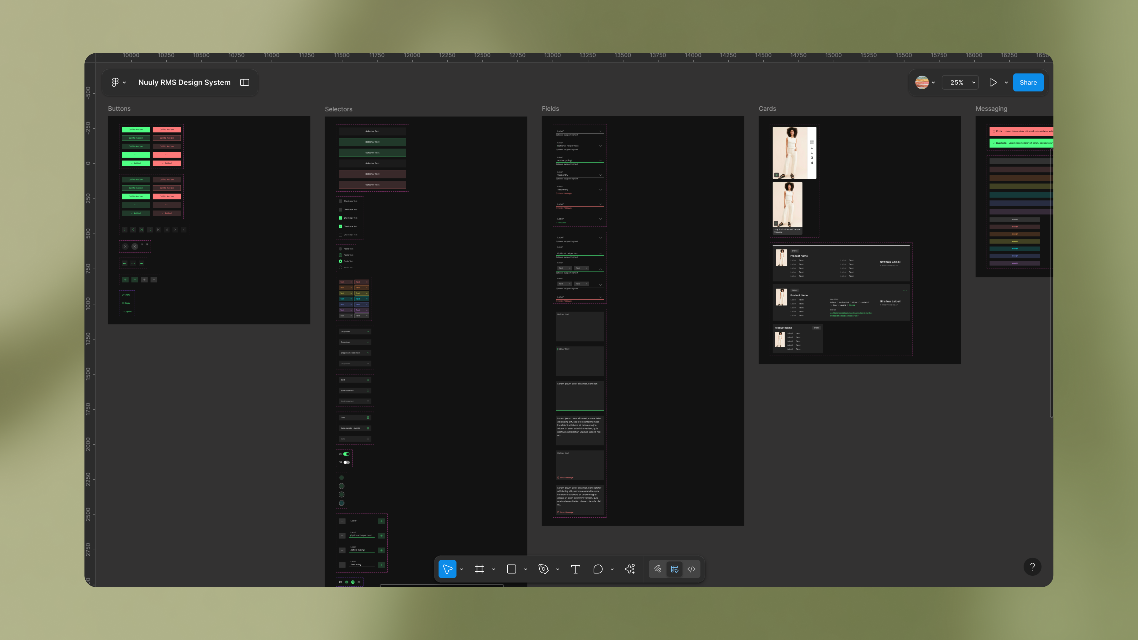 Dark-themed Figma board showing buttons, fields, selectors, and messaging in Rental Management Design System.