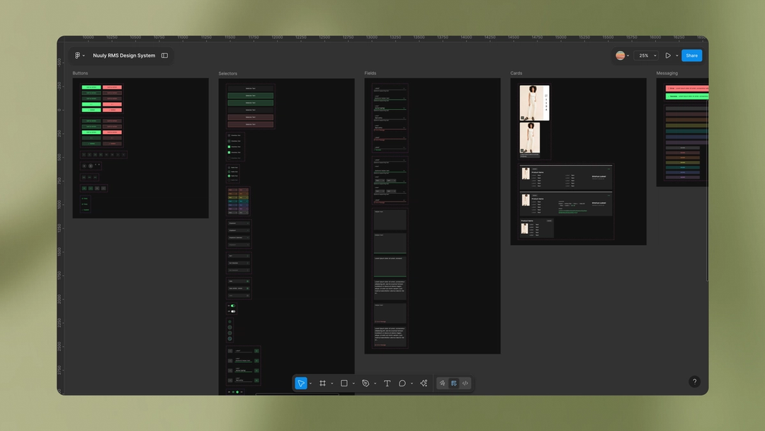 Dark-themed Figma board showing buttons, fields, selectors, and messaging in Rental Management Design System.