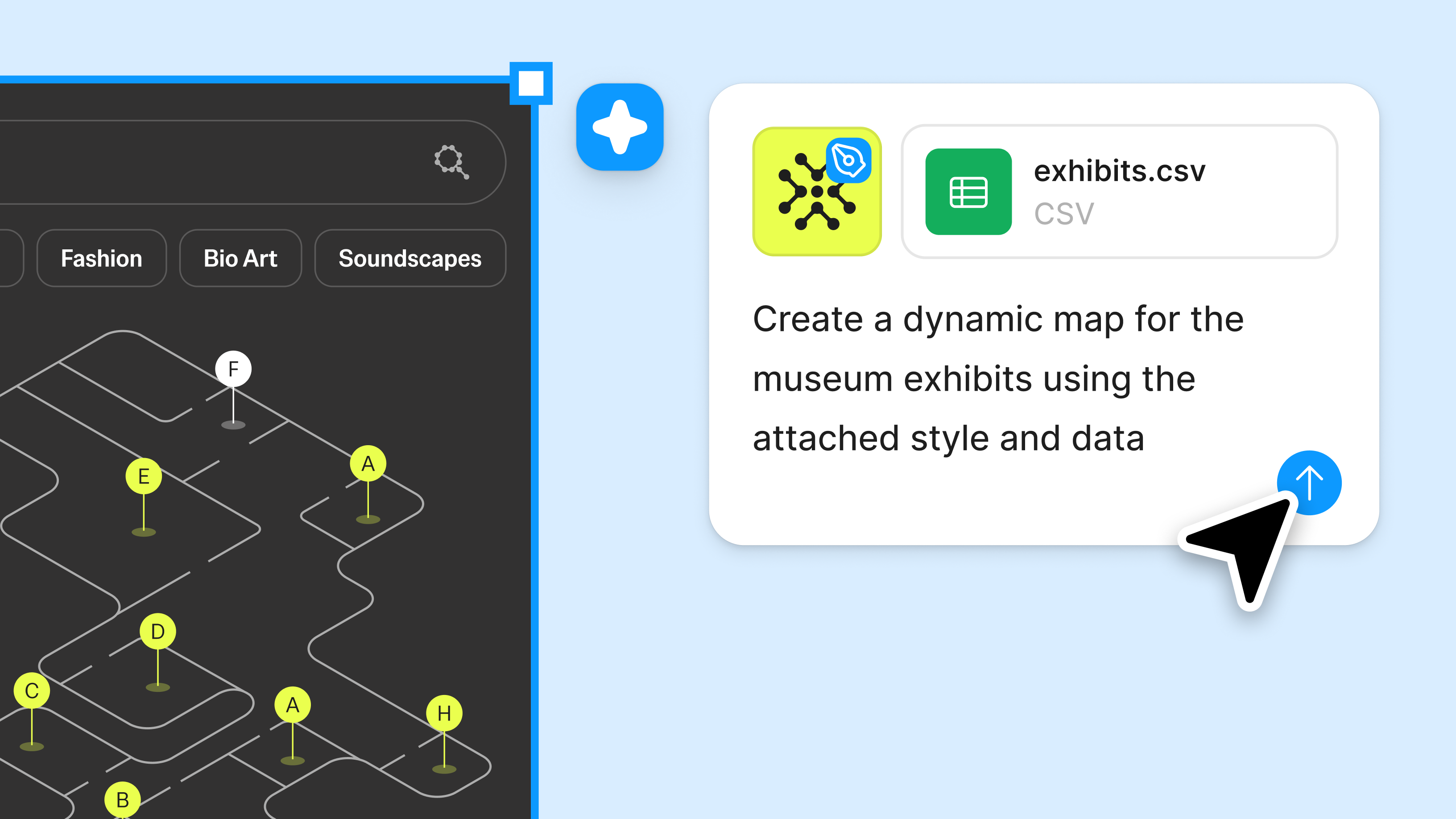 Design canvas displaying a dark-themed museum map interface alongside an AI prompt card. The card references an attached CSV file named “exhibits.csv” and contains the instruction: “Create a dynamic map for the museum exhibits using the attached style and data,” demonstrating AI-powered generation from structured data.