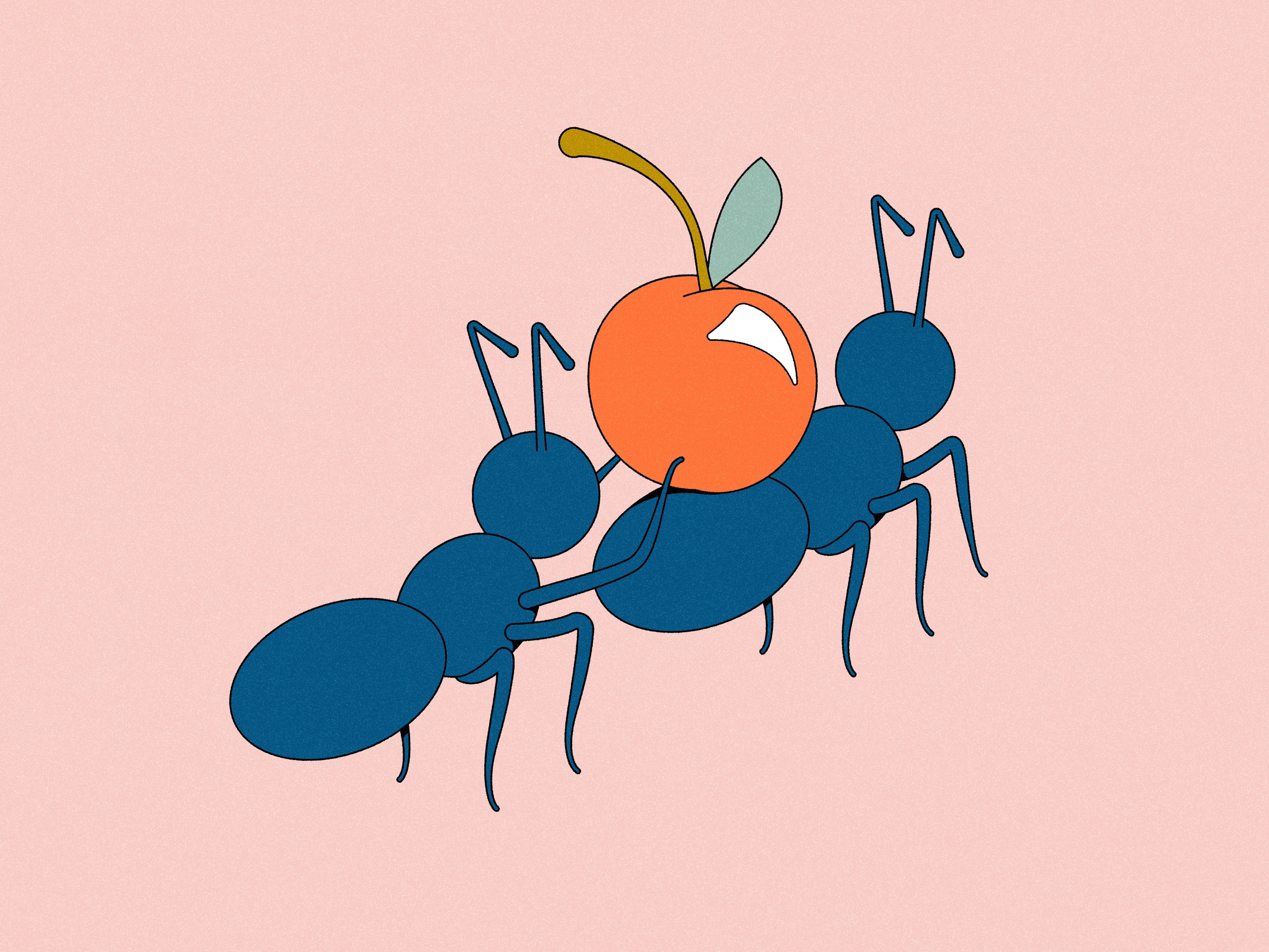A stylized blue ant carrying a bright orange cherry against a soft pink background.