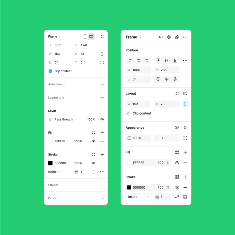 A side-by-side comparison of two design panels in Figma, both showing frame properties. The left panel shows position, layout, fill, and stroke settings, while the right panel displays similar properties with slightly different labels and organization. Both panels allow adjusting dimensions, layout, and appearance of selected elements.