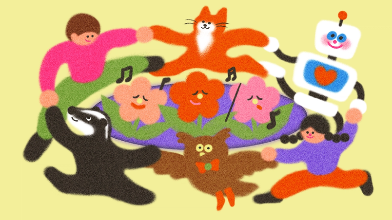 A joyful group illustration featuring animals and people dancing in a circle, holding hands. The group surrounds smiling flowers. Figures include a fox, an owl with a bowtie, a bear, a person, and a robot.