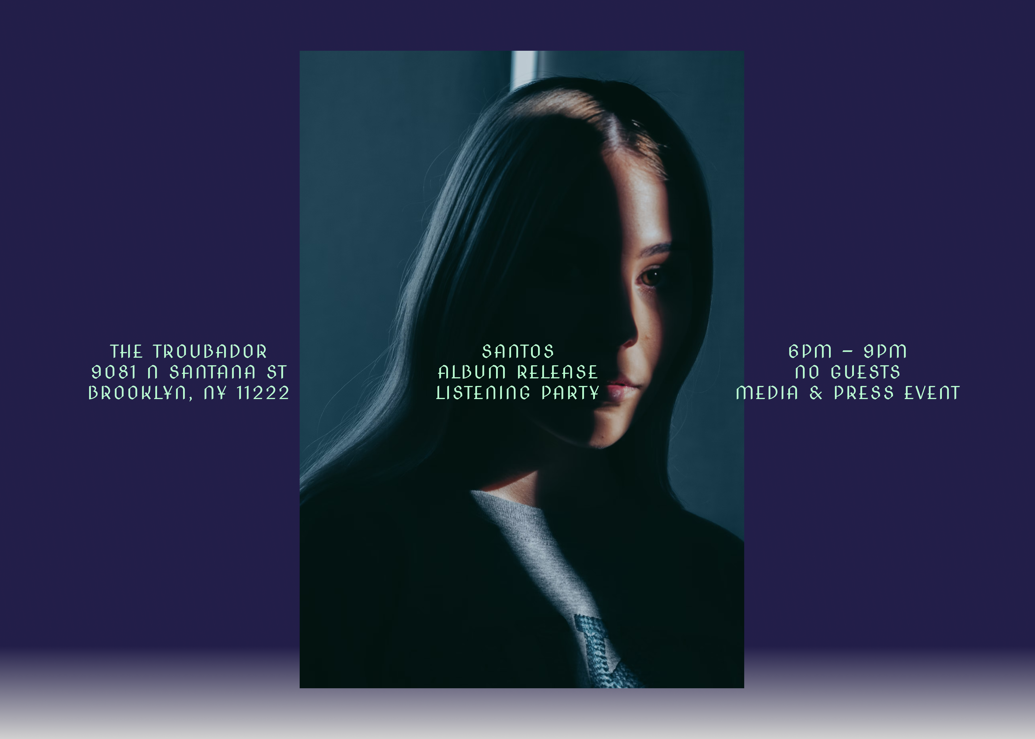  Album release listening party poster for Santos at The Troubador in Brooklyn