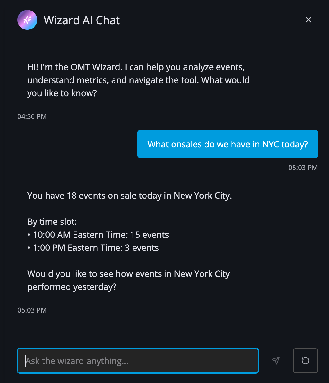 Internal Ticketmaster dashboard prototype with “The Wizard” AI chat panel showing live ticket sales data alongside existing metrics.