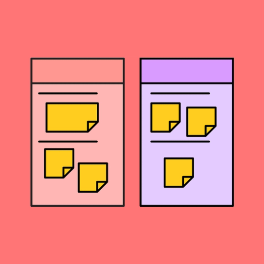 two red and purple rectangle with yellow sticky notes