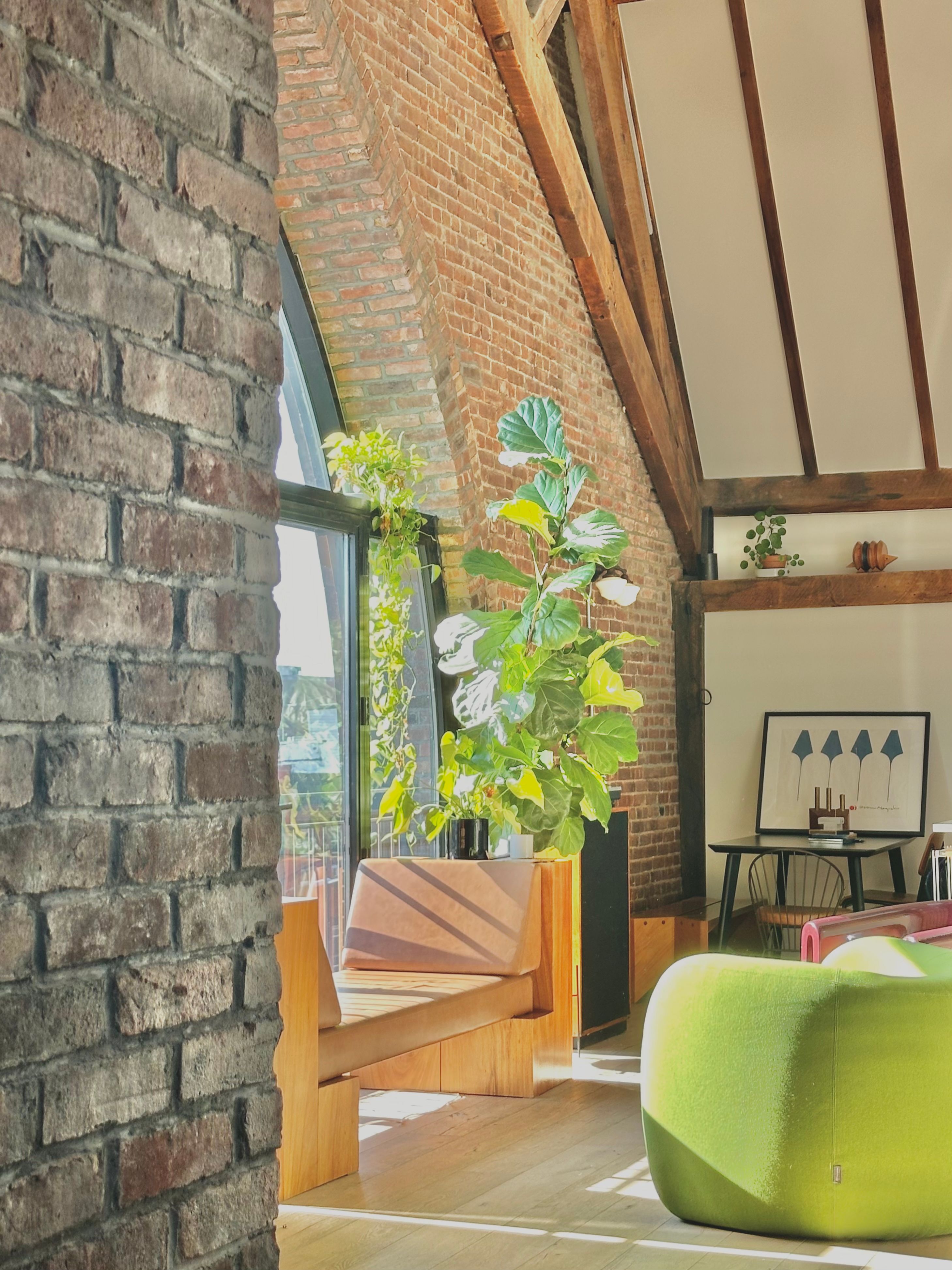 Sunlit room with an arched brick wall, large window, and indoor plants. Green sofa and modern wooden bench create a cozy, inviting atmosphere. Warm tones.