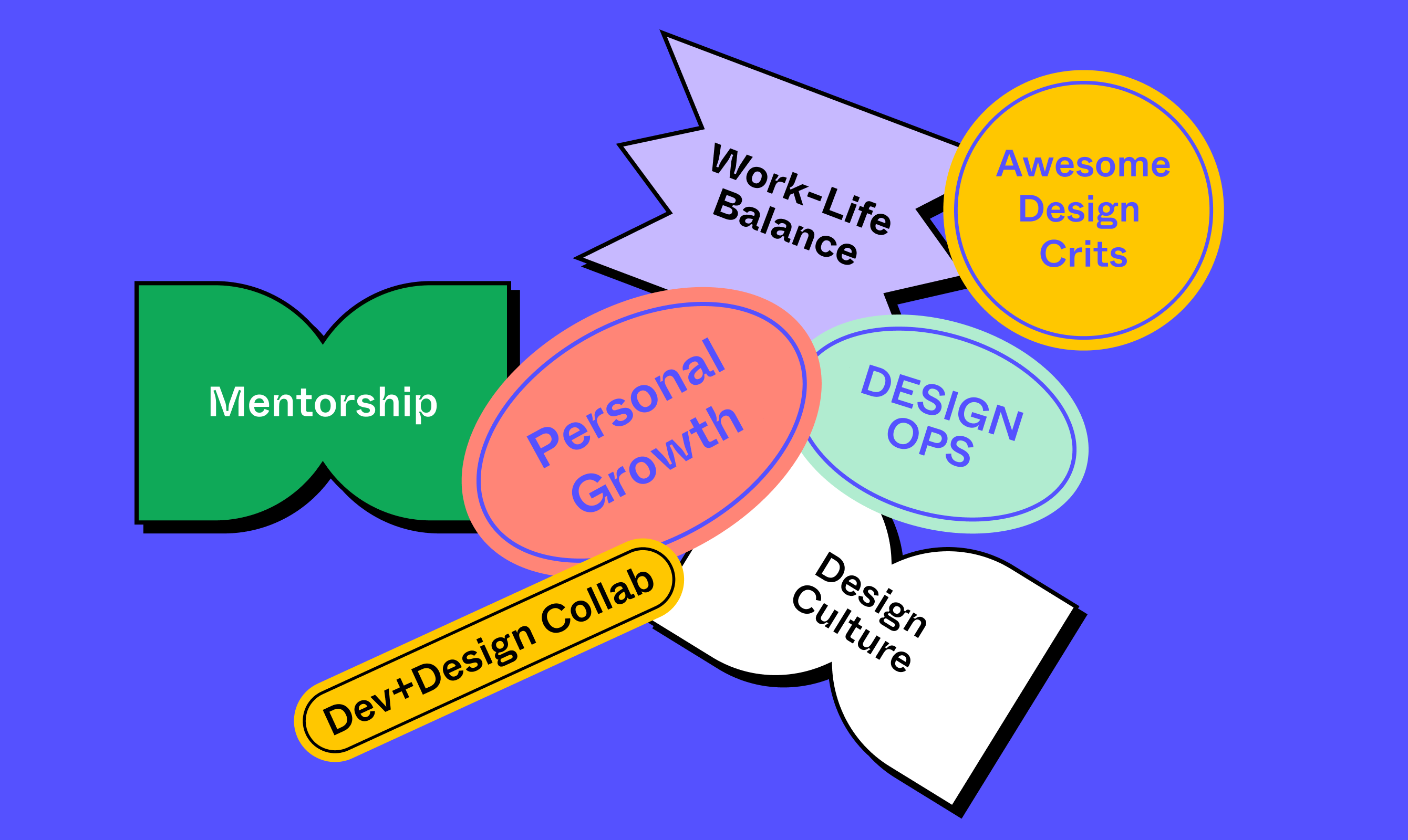 Illustration of Stickers that read: Mentorship, Personal Growth, Design Ops, Design Culture, Dev+Design Collab, Awesome Design Crits, Work-Life Balance
