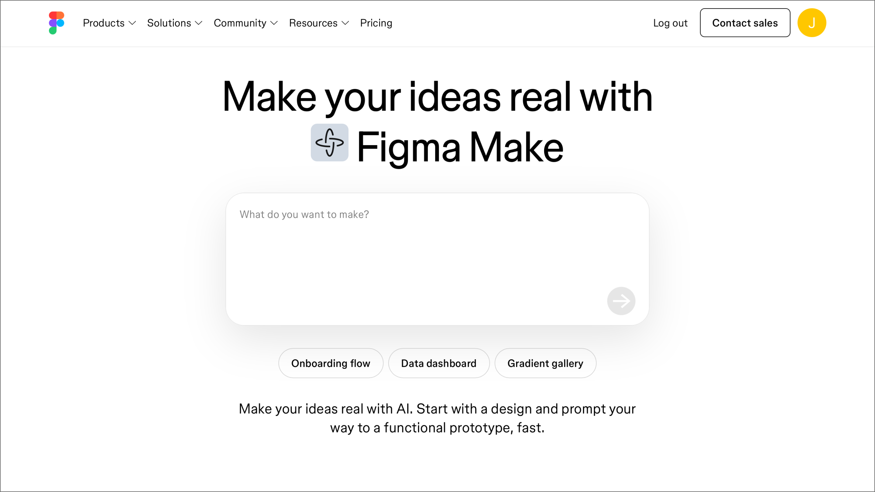 The Figma Make home page, showing the chat box interface.