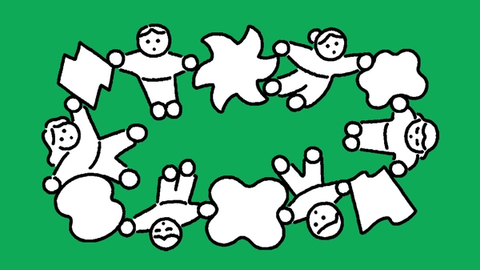 A black and white illustration shows a circle of people interspersed with organic shapes.