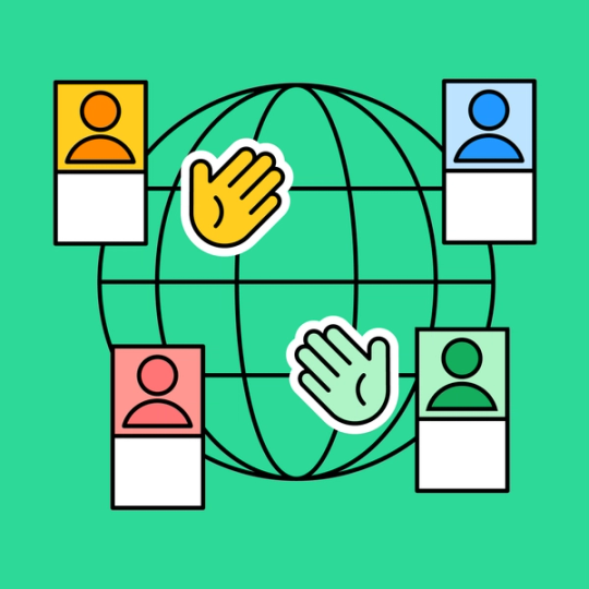 globe graphic with four human icons from an organization chart