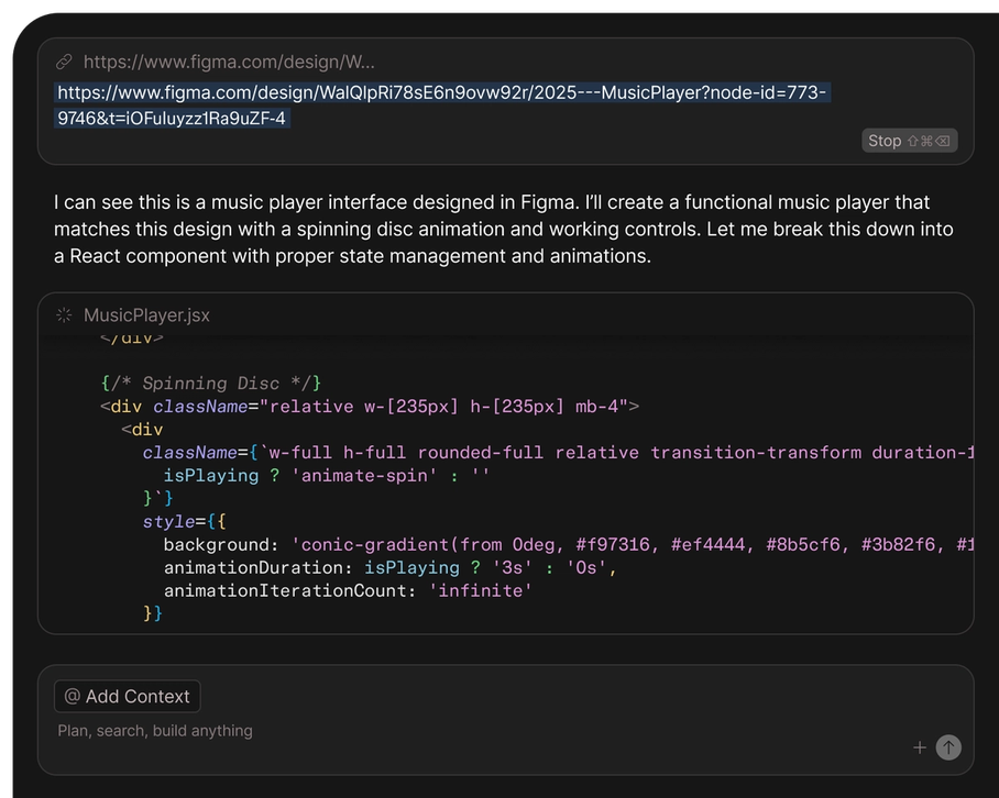 デザインからコードへのインターフェースのスクリーンショットで、左側には完了したAPI呼び出し、右側にはジュリア・シモンズのユーザープロファイルページが表示され、彼女の所在地、会員情報、最近の研究活動が示されています。