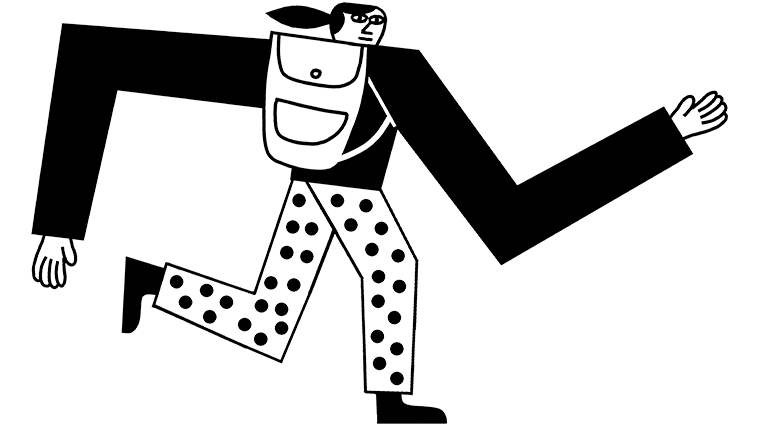 An illustration of a person running with a backpack and polka dot pants