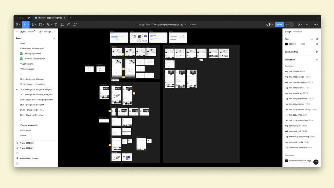 A screenshot of a Figma design file for a resource page redesign, displaying multiple frames on a dark canvas. The left sidebar shows various project sections like "Milestones & Launch plan" and "Design crit: Plugins & Widgets," while the right panel displays design properties, including local text styles and variables. Several wireframes and design iterations are visible across the canvas.