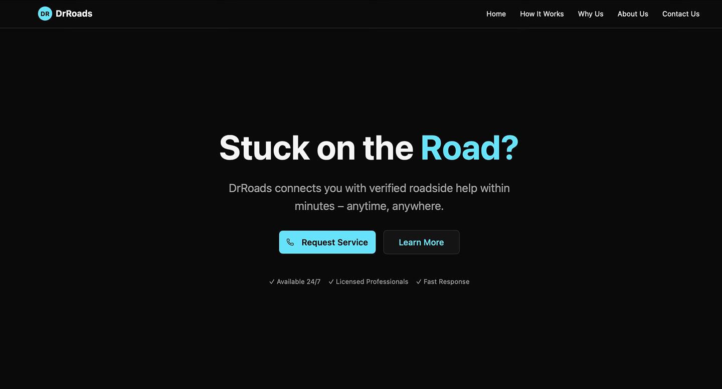 Screenshot of the DrRoads roadside assistance homepage created using Figma Make.