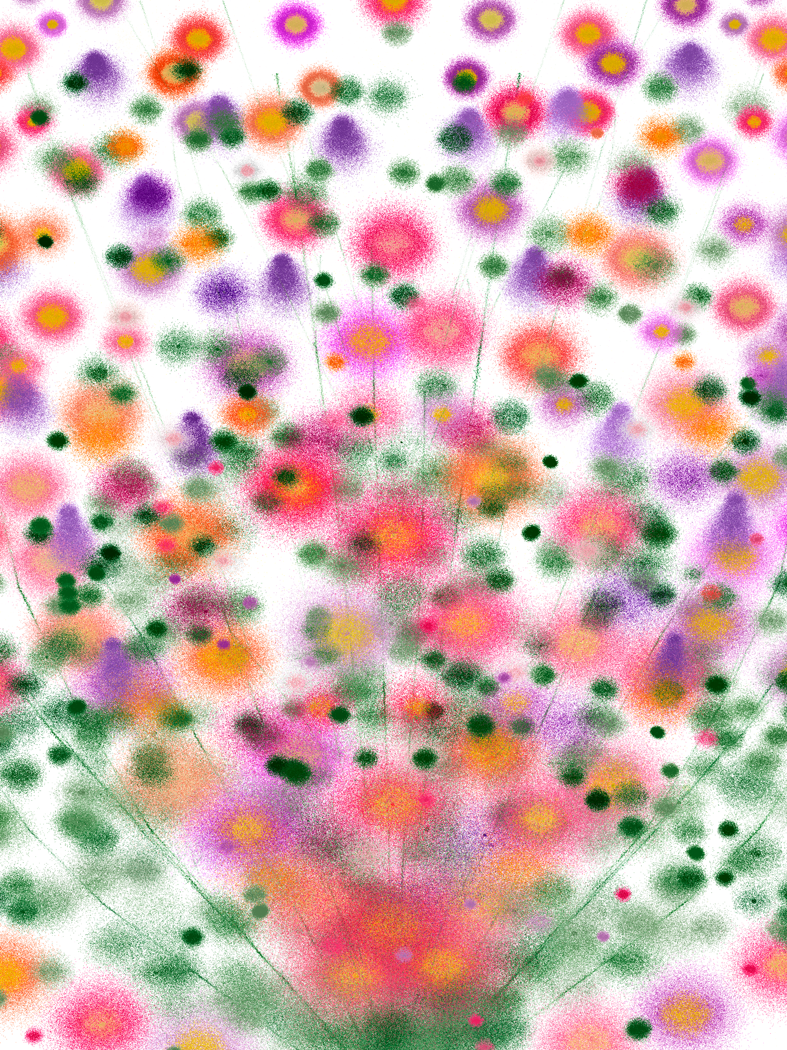 Colorful abstract bouquet of soft, speckled flowers in pink, purple, orange, and yellow with green stems on a light background.