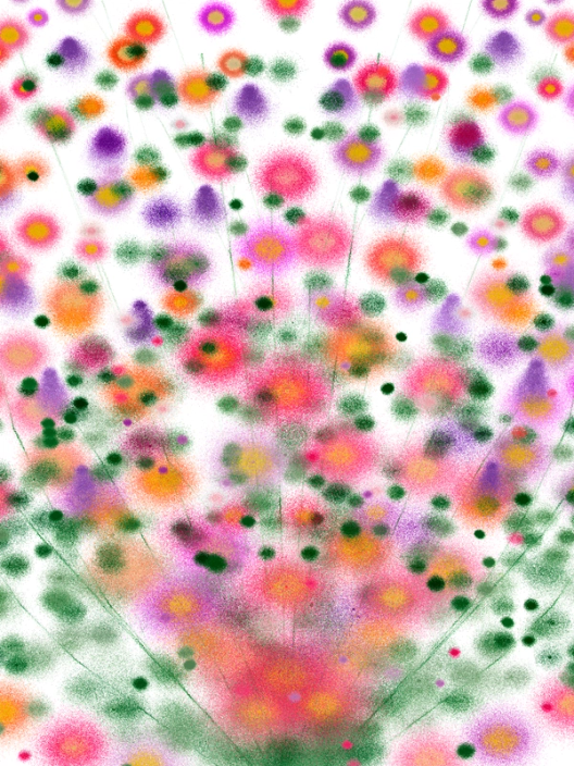Colorful abstract bouquet of soft, speckled flowers in pink, purple, orange, and yellow with green stems on a light background.