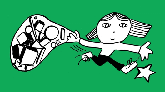 An illustration depicts a smiling person reaching out to catch a star. They are holding a transparent bag of other shapes and building blocks.