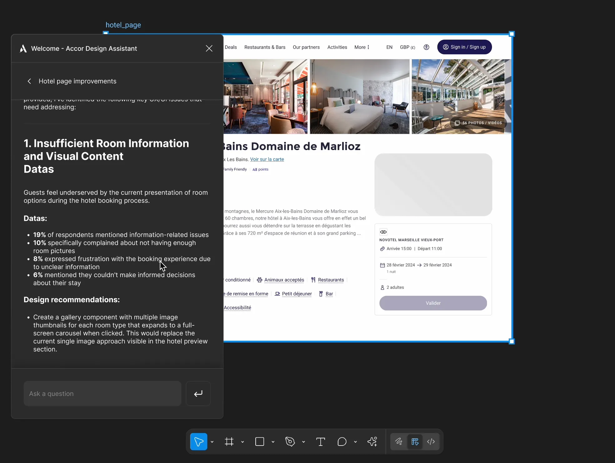  Screenshot des Willkommens-Plugins, mit einer Hotelseite im Hintergrund und einem Panel im Vordergrund, das Verbesserungen, Testdaten und Designempfehlungen anzeigt.
