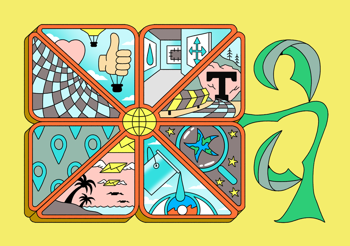 Six-panel illustration showing abstract scenes: parachute thumbs-up, room with icons, maps, envelopes, globe, and ribbon-like shape.