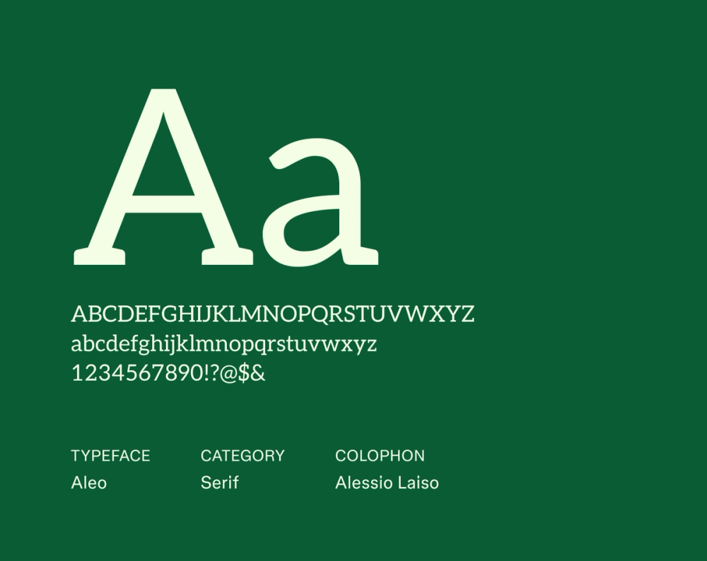 Aleo sample showing slab serifs, semi-rounded corners, and bold horizontal strokes with friendly character.