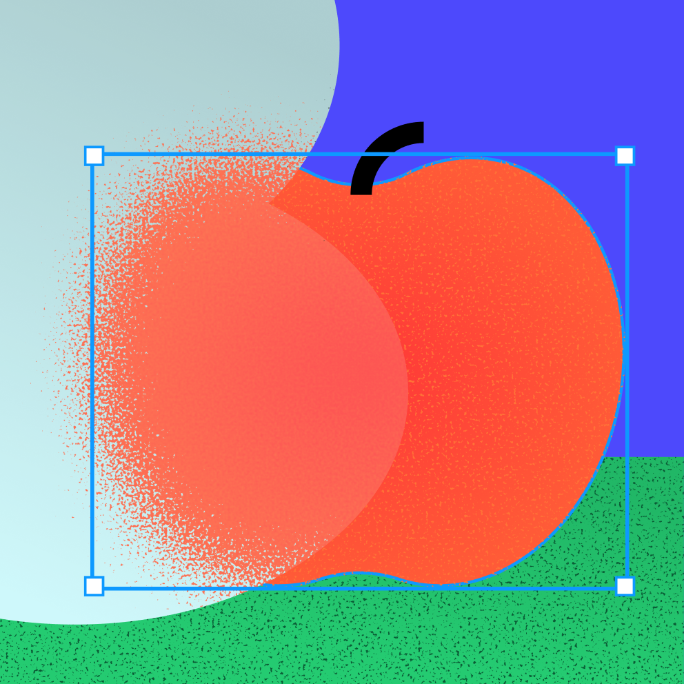 An illustration of a red apple with a blue, green, and light blue background. 