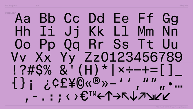 Black text on purple background showing the character set of Figma Sans Condensed