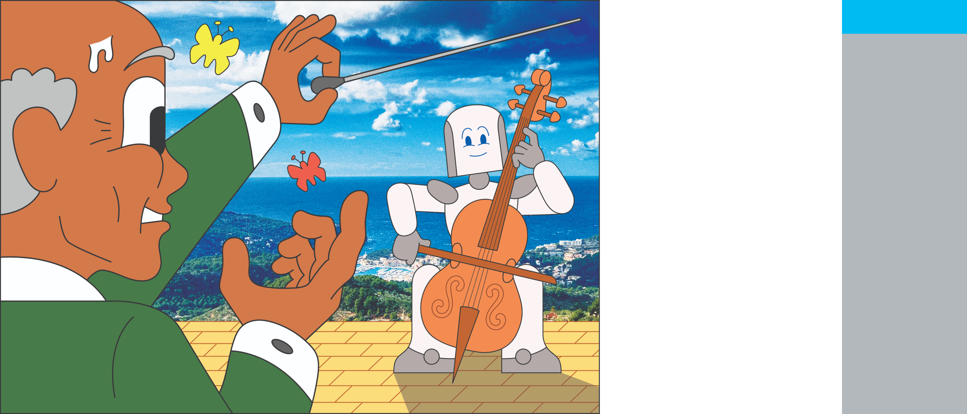 An illustration of a conductor waving a baton in front of a robot playing the cello