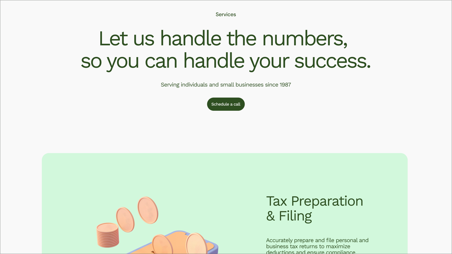 A screenshot of Figma’s friendly accounting services landing page template