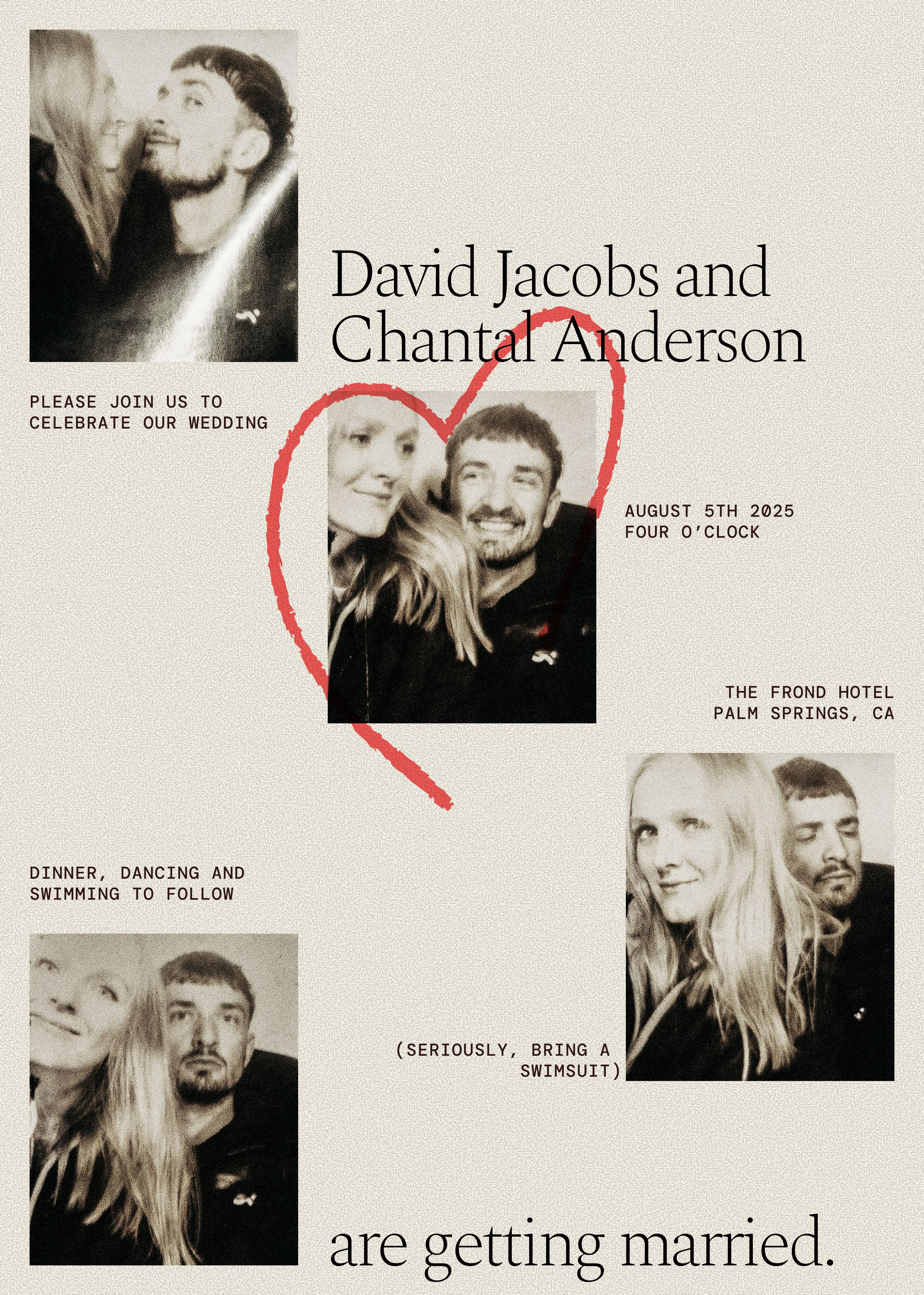 Wedding invitation for David Jacobs and Chantal Anderson featuring four candid photos