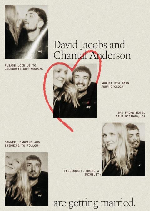Wedding invitation for David Jacobs and Chantal Anderson featuring four candid photos