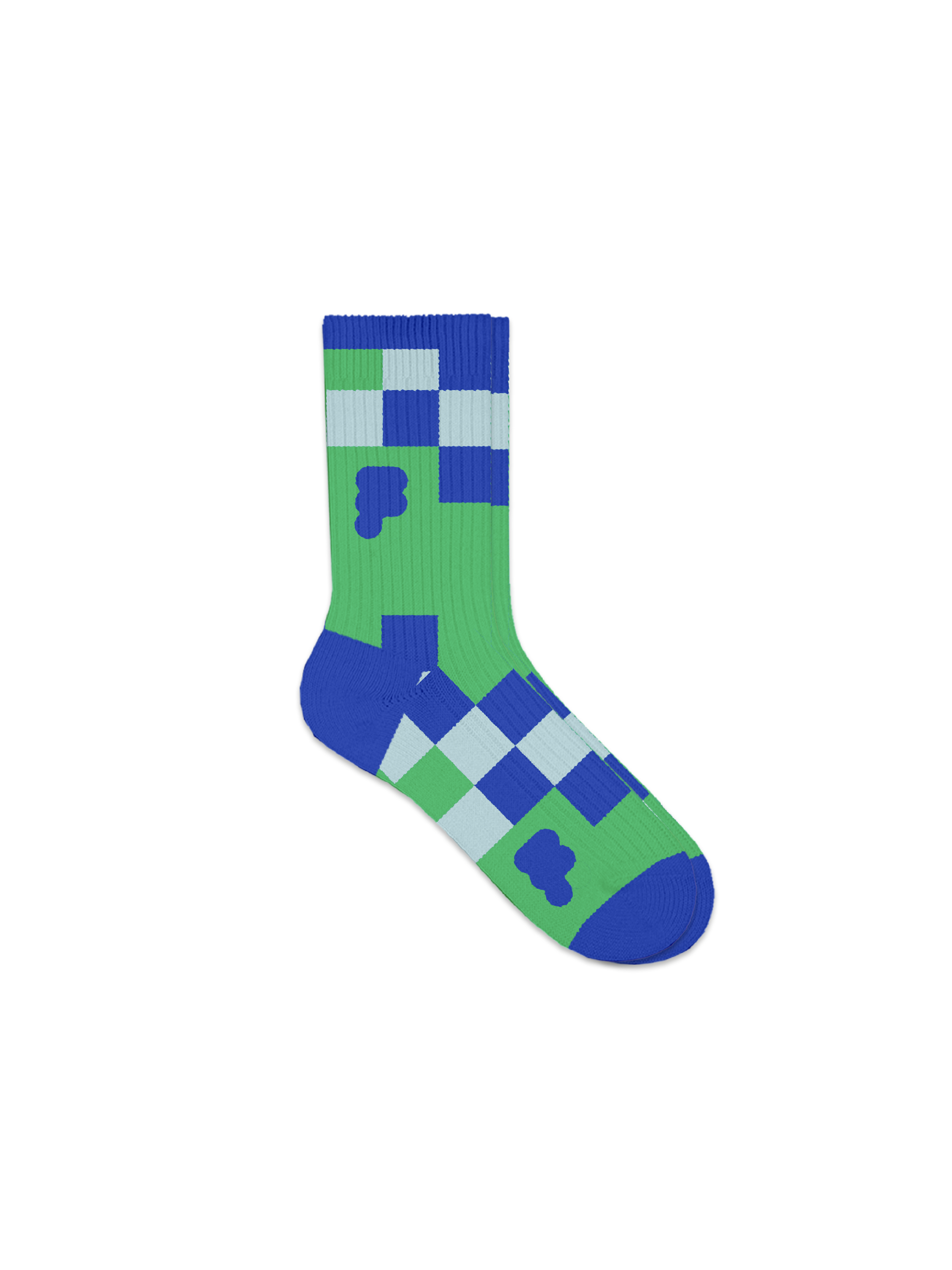 Green and blue checkered pattern with small cloud-like shapes on a ribbed sock with blue toe and heel