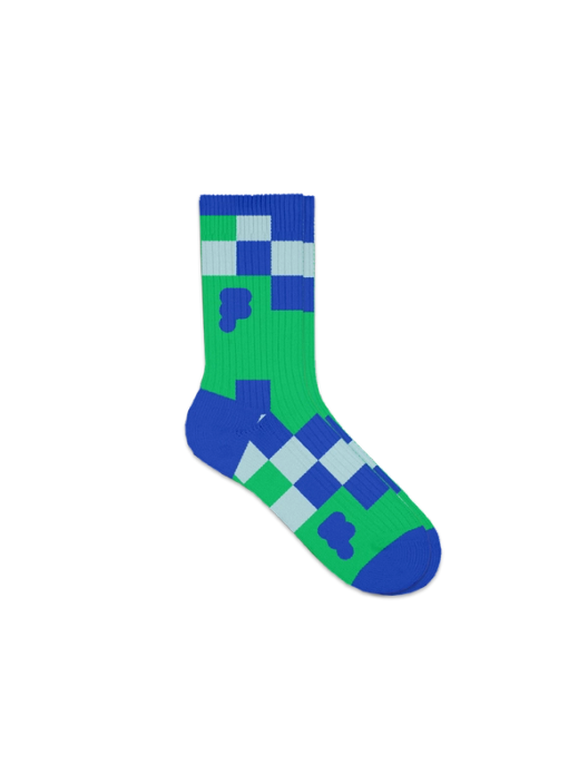 Green and blue checkered pattern with small cloud-like shapes on a ribbed sock with blue toe and heel