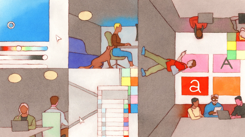 Illustrated cross-section of building showing people working with design tools, color palettes, and collaborative workspaces.
