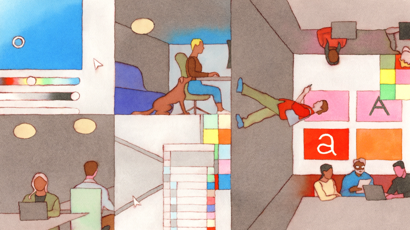 Illustrated cross-section of building showing people working with design tools, color palettes, and collaborative workspaces.