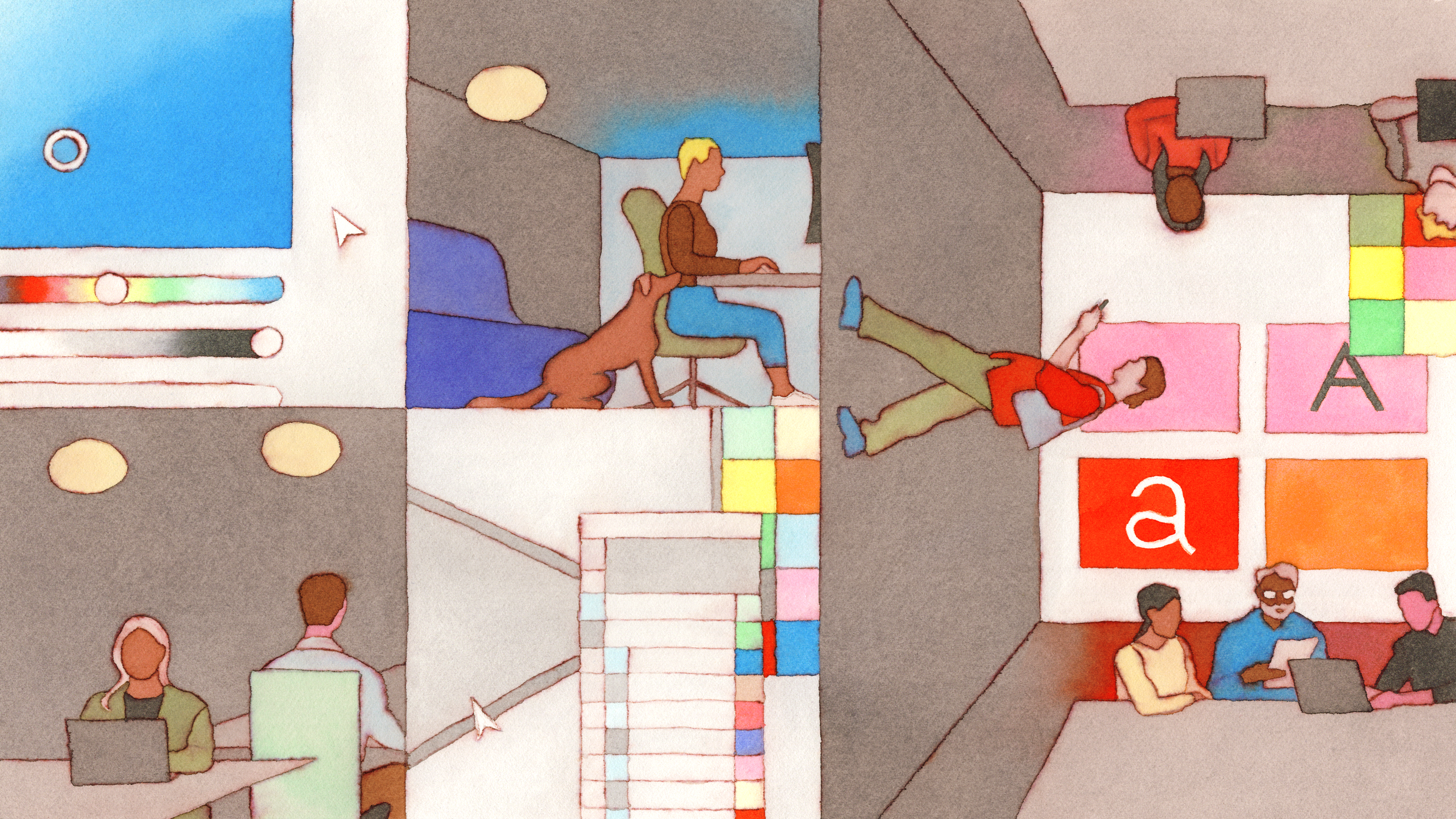 Illustrated cross-section of building showing people working with design tools, color palettes, and collaborative workspaces.