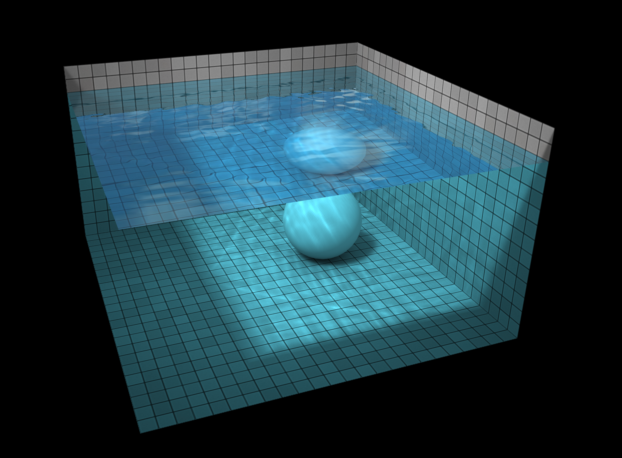 A 3D rendered scene of a tiled pool with a reflective sphere partially submerged in water.