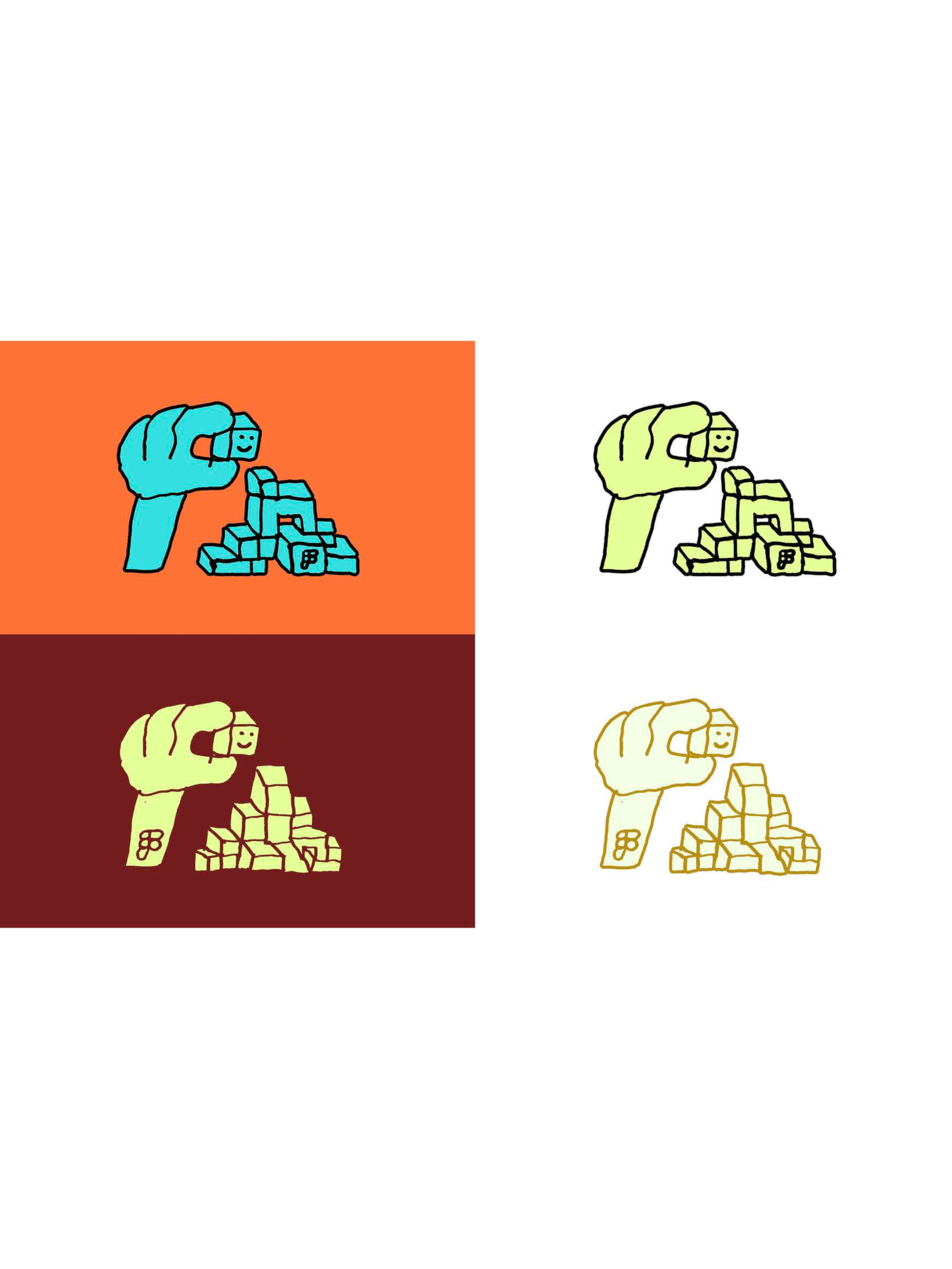 Four color variations of Quentin's hand-stacking-cubes illustration, shown in blue on orange, green on white, green on maroon, and yellow on white