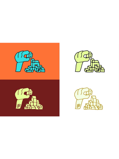 Four color variations of Quentin's hand-stacking-cubes illustration, shown in blue on orange, green on white, green on maroon, and yellow on white