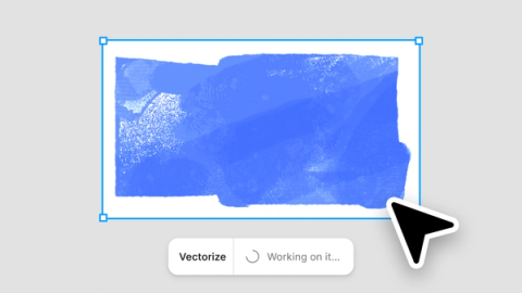 A blue painted texture selected in Figma with the Vectorize action running, showing a “Working on it…” progress indicator.